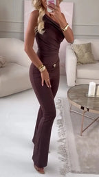 Ladies Slanted Neck Slim Fit Temperament Casual Jumpsuit