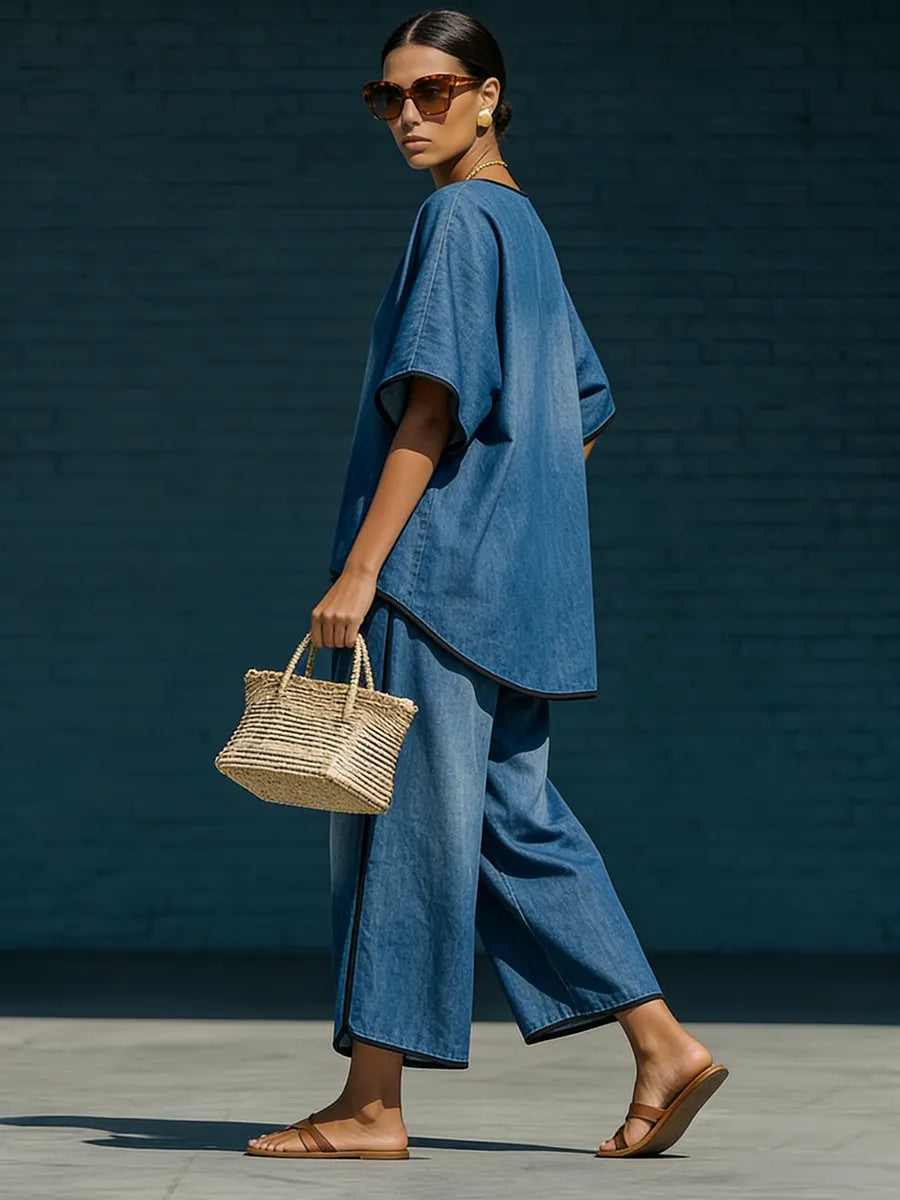 Artistically Cut Decorative Trim Denim Two-piece Set