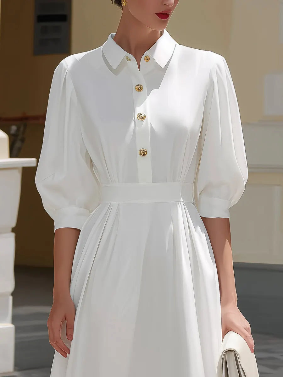 Elegant Puff Sleeve Button-Front Midi Shirt Dress