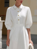 Elegant Puff Sleeve Button-Front Midi Shirt Dress