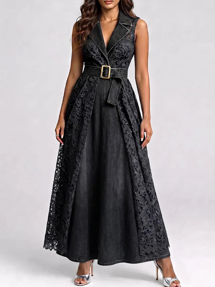 Women's Casual Loose Denim And Lace Patchwork Dress With Lapel Collar And Sleeveless Design