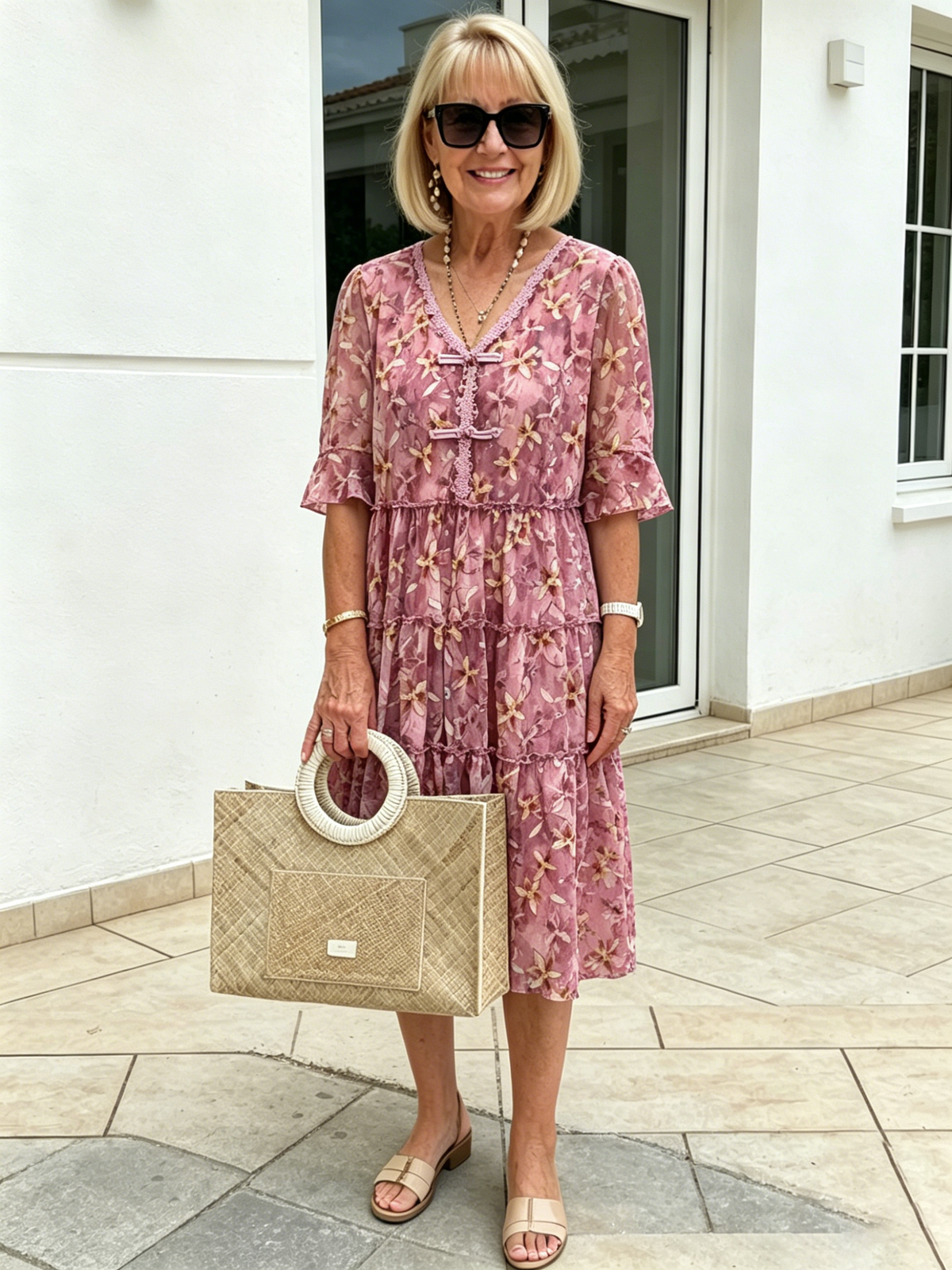 Green Floral Chiffon Tiered Midi Dress, V-Neck Frog Button Ruffle Short Sleeve Loose Casual Dress for Mature Women