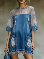 Bohemian-style Denim Mini Dress With Round Neck, Three-quarter Sleeves, And Contrast Piping