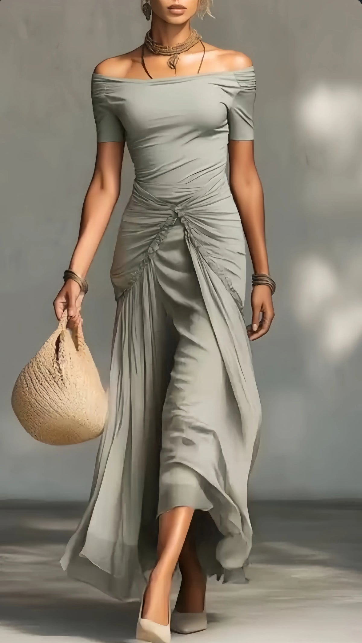 Sage Off-Shoulder Ruched Maxi Dress
