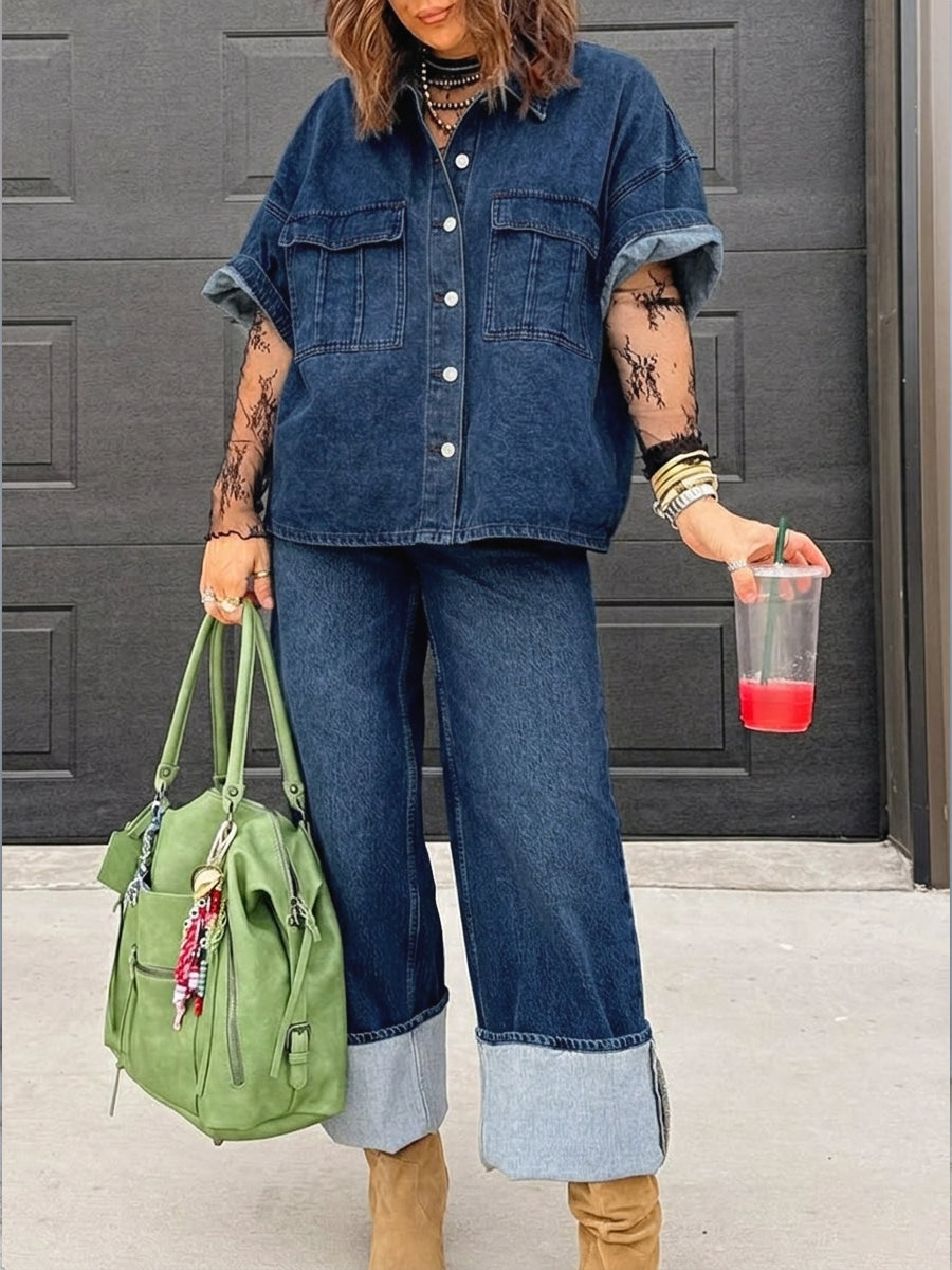 Casual Short-sleeved Denim Shirt And Jeans Two-piece Set