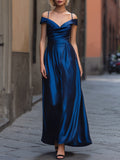 Off-Shoulder Satin A-Line Maxi Dress