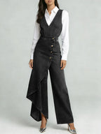 Women's V-neck Sleeveless Casual Loose-fitting Denim Wide-leg Jumpsuit