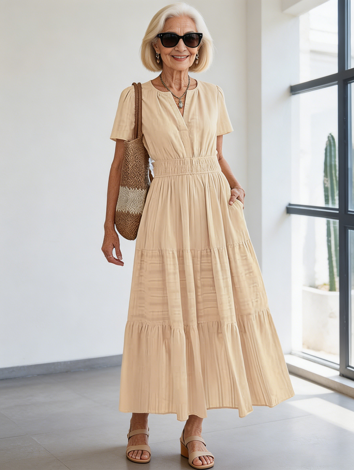 Cotton Fashion V-neck Pleated Bubble Sleeves Layered Pendulum Dress Women
