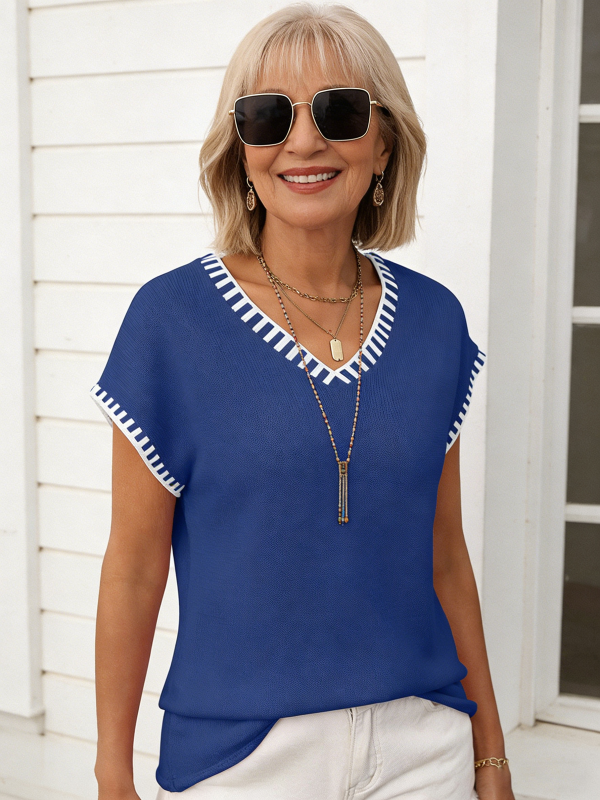 Women's Pullover V-neck Short-sleeved Striped Knitted Sweater