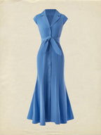 (SIZE:XS-XXL) Cotton Maxi Dress, Cap Sleeve, Lapel Collar, Plain, Vintage, Blue