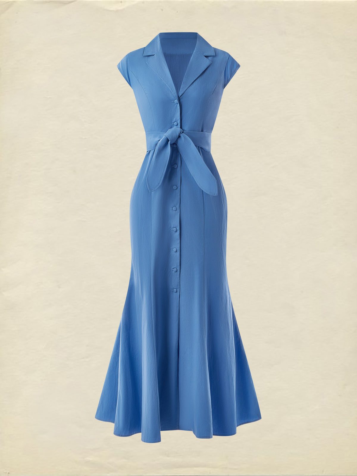 (SIZE:XS-XXL) Cotton Maxi Dress, Cap Sleeve, Lapel Collar, Plain, Vintage, Green