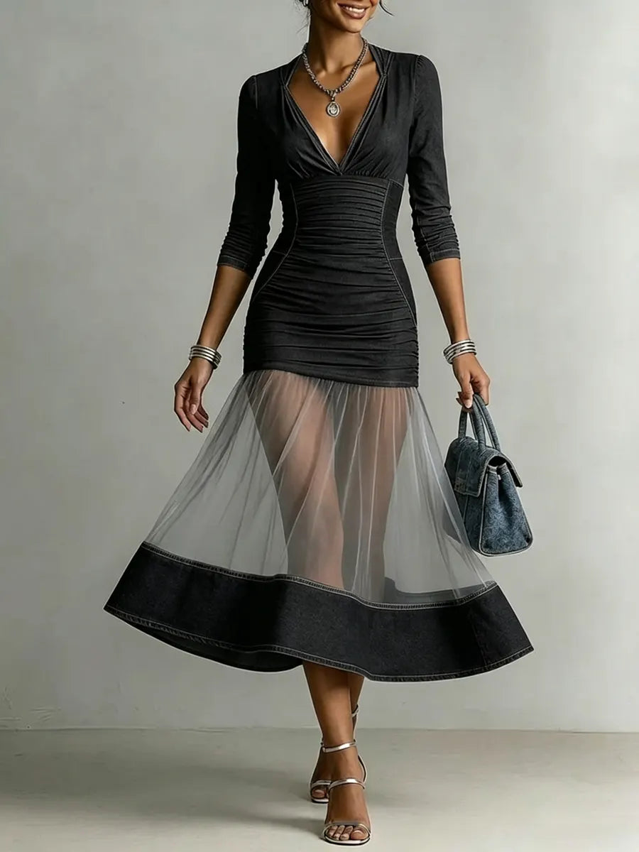 Women's Elegant V-neck Mesh Splice Denim Dress