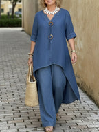 Casual Denim Button Details Top And Wide-leg Pants Two-piece Set