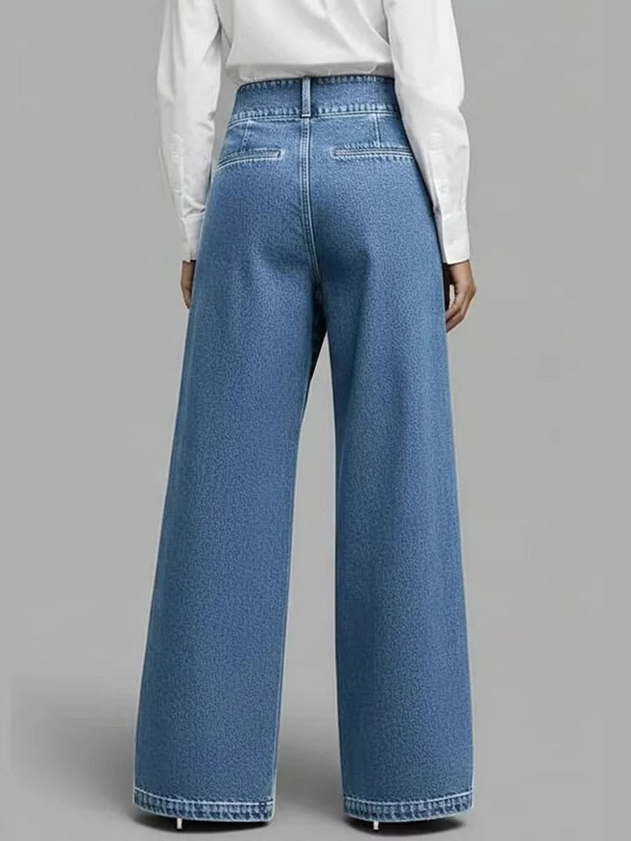Asymmetric Buttoned Interlace Pockets Solid Color Split-Joint High Waisted Loose Trousers Jean Pants Bottoms