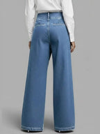 Asymmetric Buttoned Interlace Pockets Solid Color Split-Joint High Waisted Loose Trousers Jean Pants Bottoms
