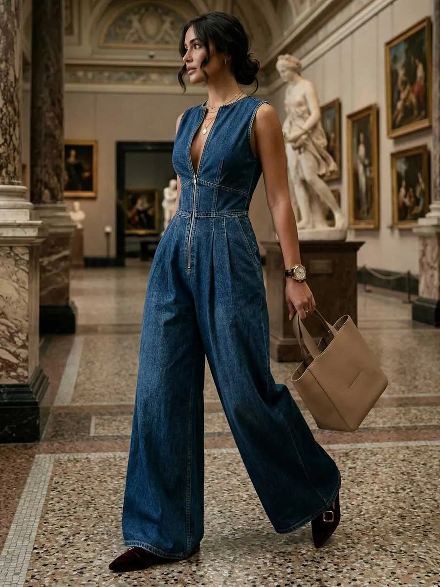 Pleated Pockets Solid Color Zipper High Waisted Sleeveless Round-Neck Jumpsuits