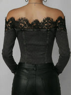 Fashionable Patchwork Lace Denim Top