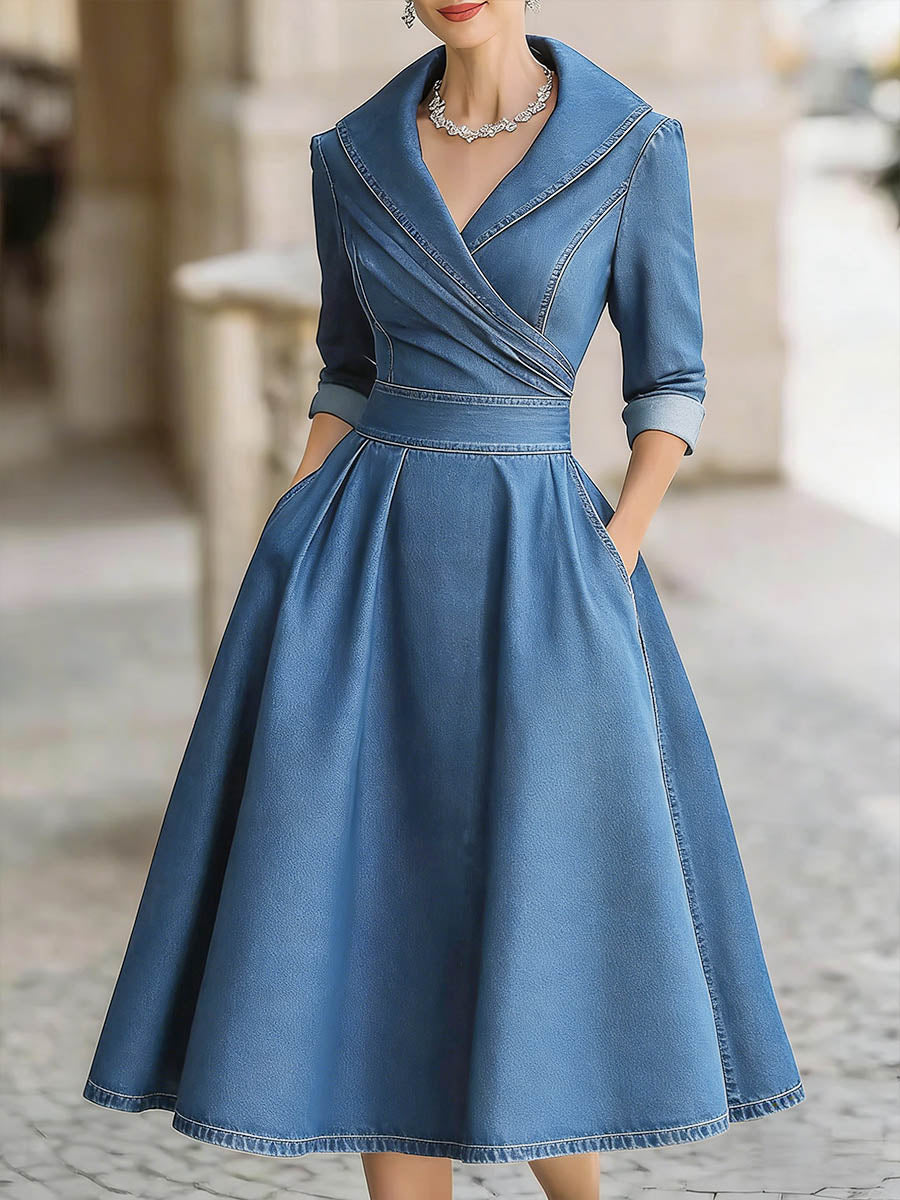 Women's V-neck Long-sleeved Casual Loose Denim Dress