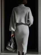 Gray Ribbed Turtleneck Batwing Sweater Dress